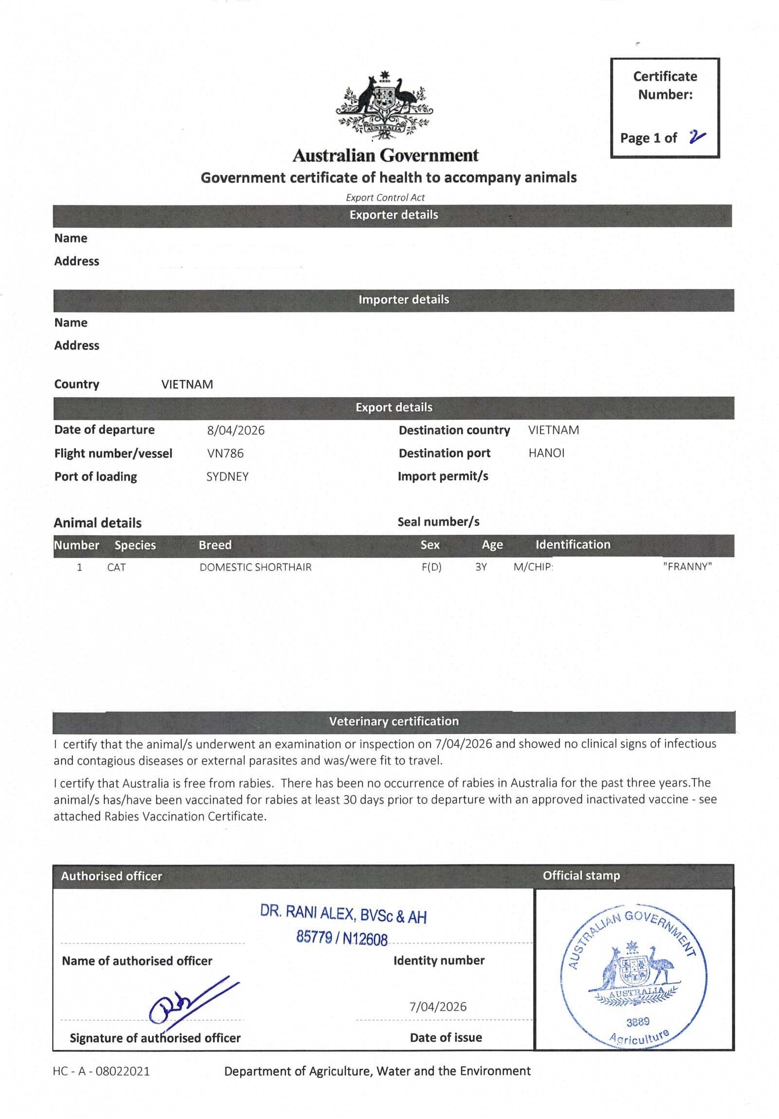 Authentic USDA-endorsed export health certificate for pet traveling from Australia to Vietnam