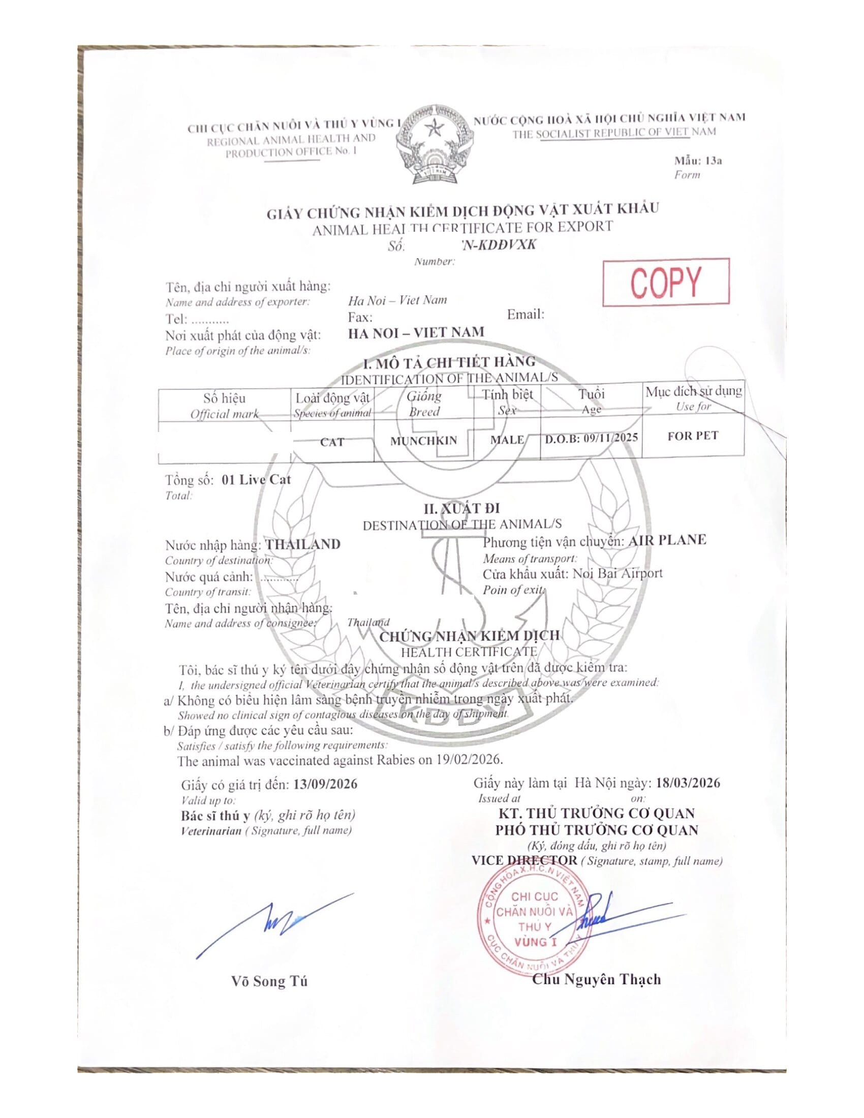 Pet documentation and airline check-in costs for shipping pets from Vietnam to Thailand