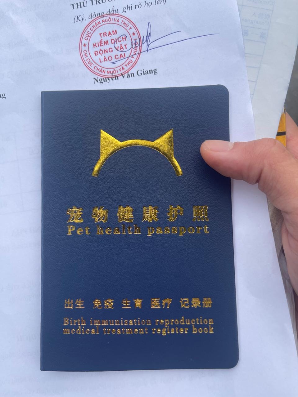 Pet vaccination record showing two rabies doses and a microchip number for China pet import