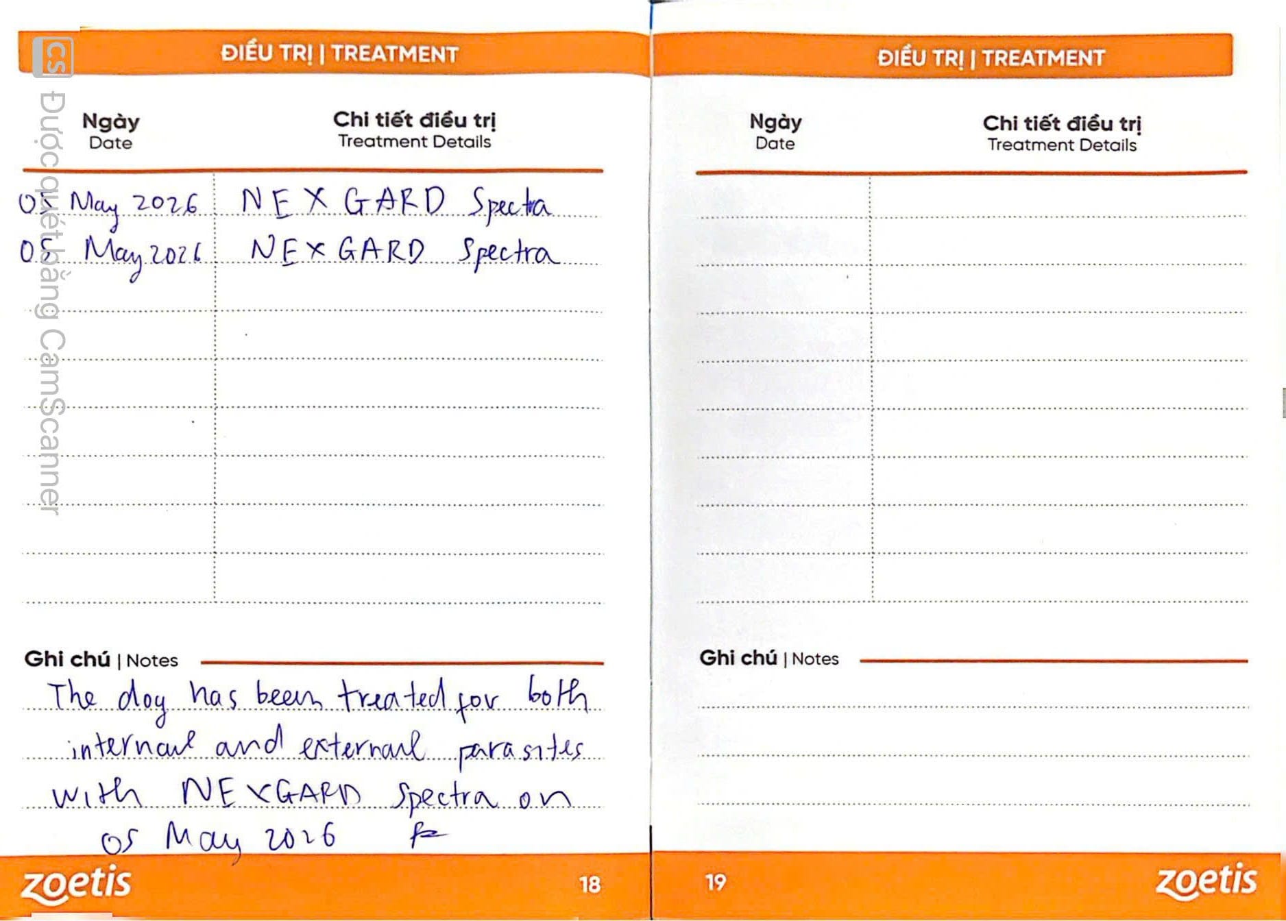 Pet vaccine record booklet displaying parasite treatment pages signed by vet