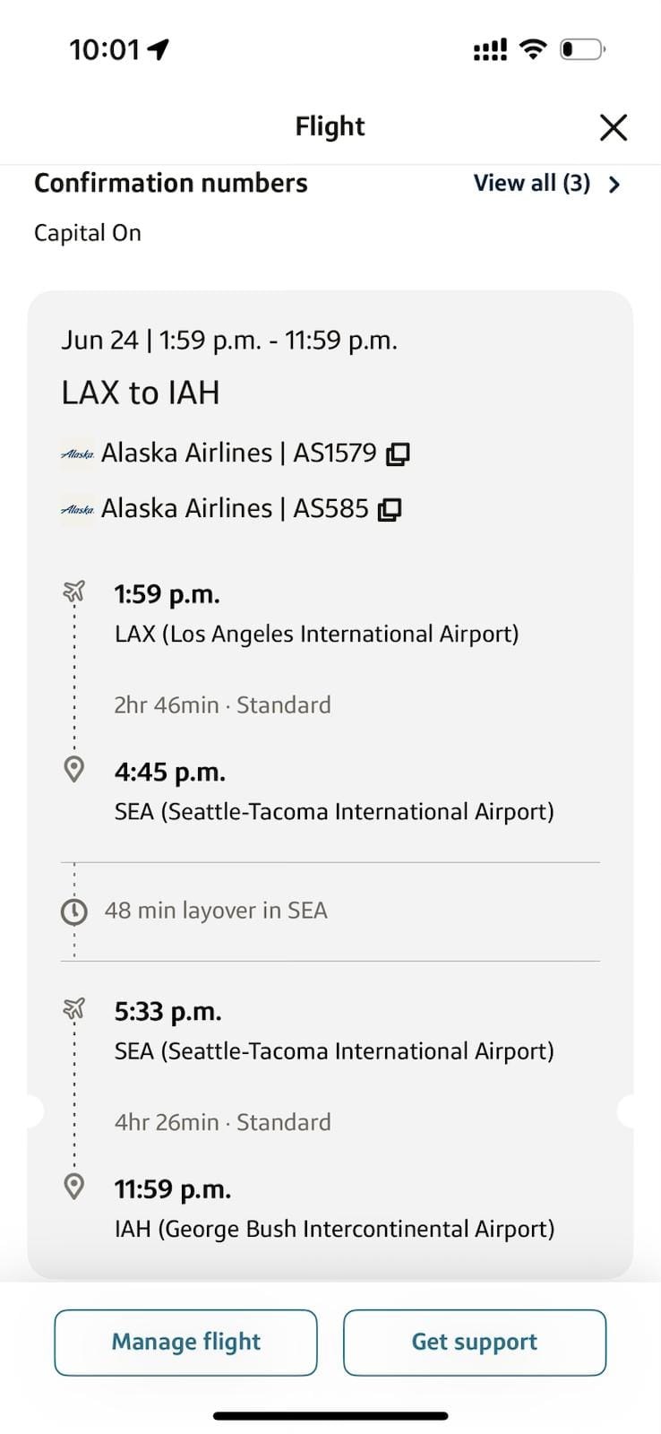 Alaska Airlines ticket for Pun's domestic leg from Los Angeles to Houston via Seattle