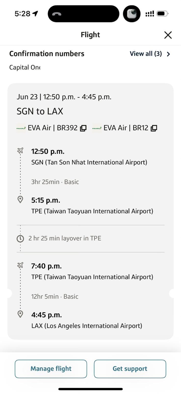 EVA Air checked baggage ticket for Pun, Saigon to Taipei to Los Angeles