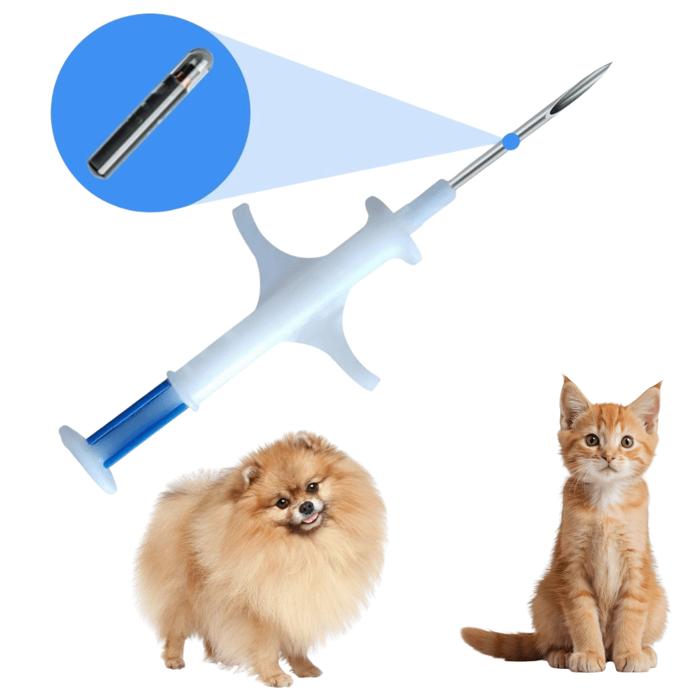 ISO pet microchip for international travel shown with its implant syringe