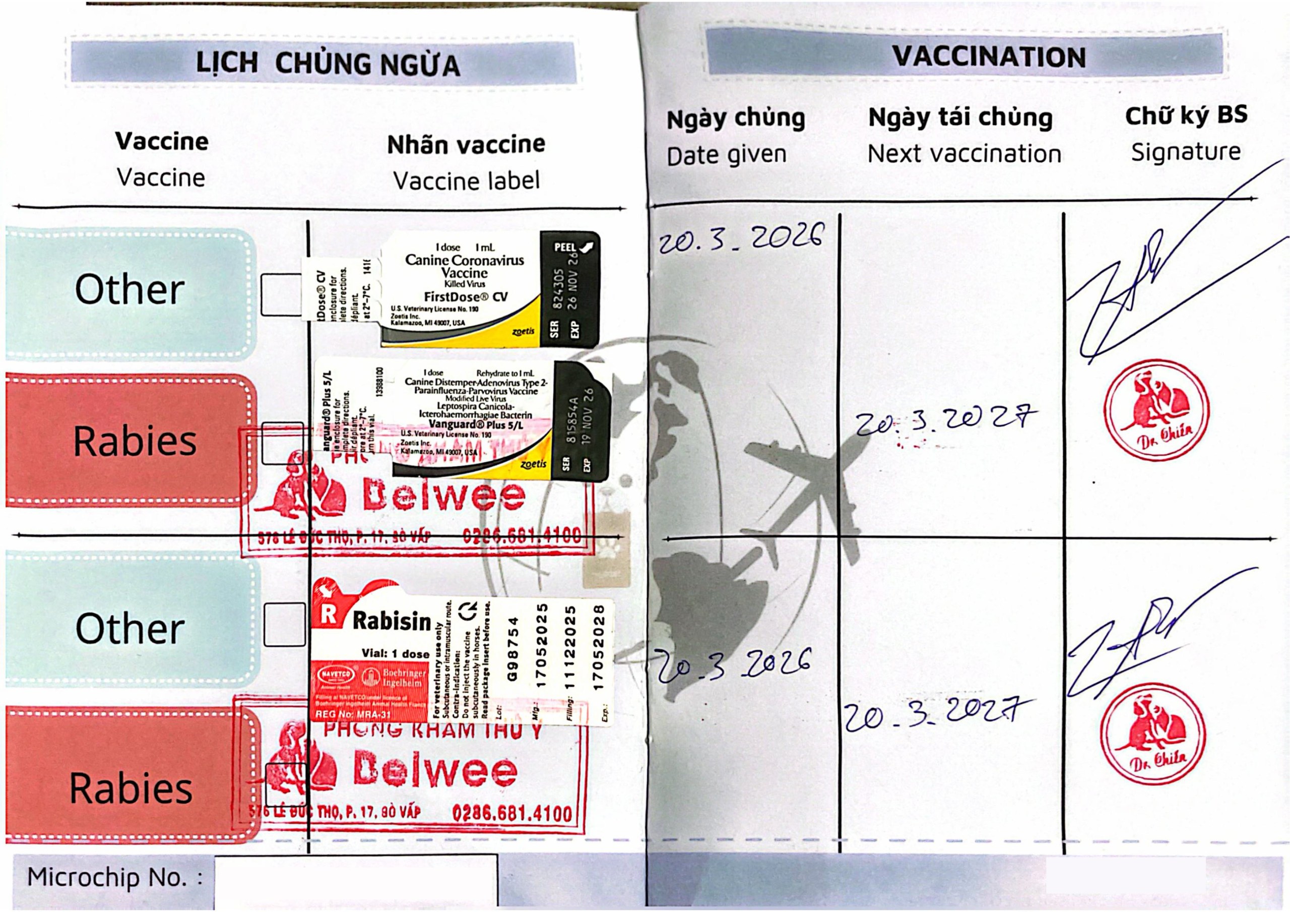 Pet passport vaccine record page showing rabies vaccination history with batch numbers and clinic stamps