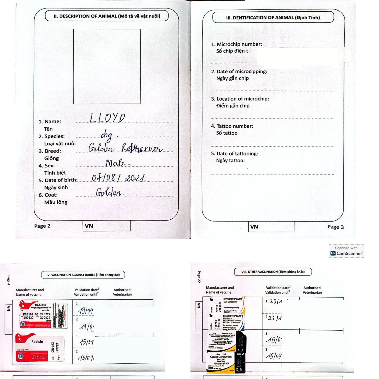 Vietnam pet passport showing vaccination records for Singapore import