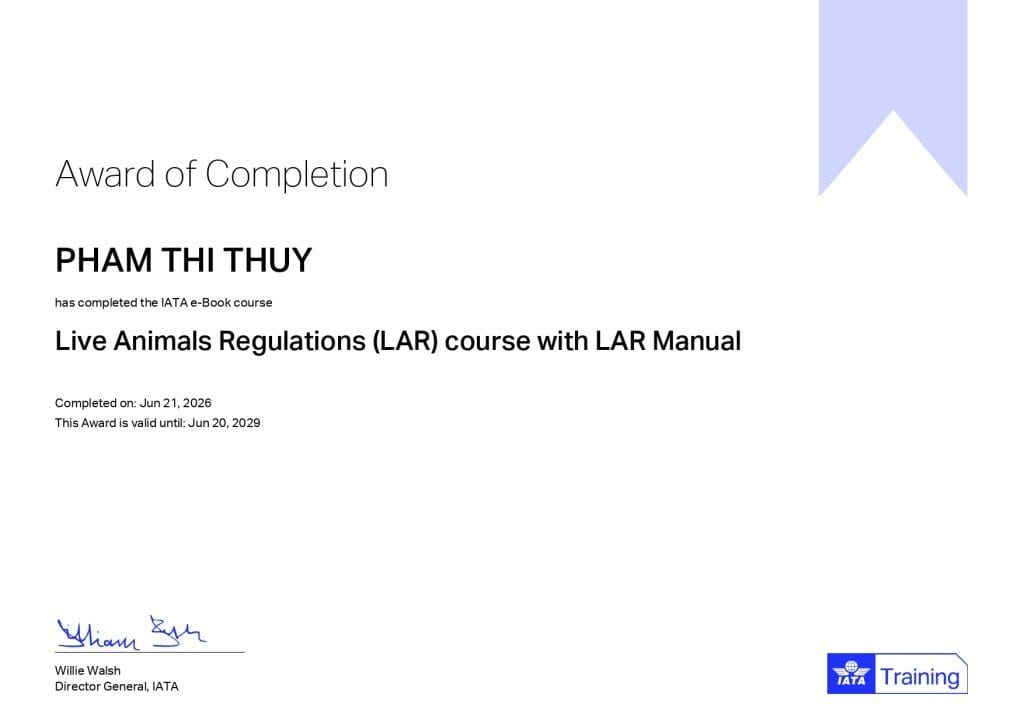 Chứng chỉ IATA Live Animals Regulations (LAR)