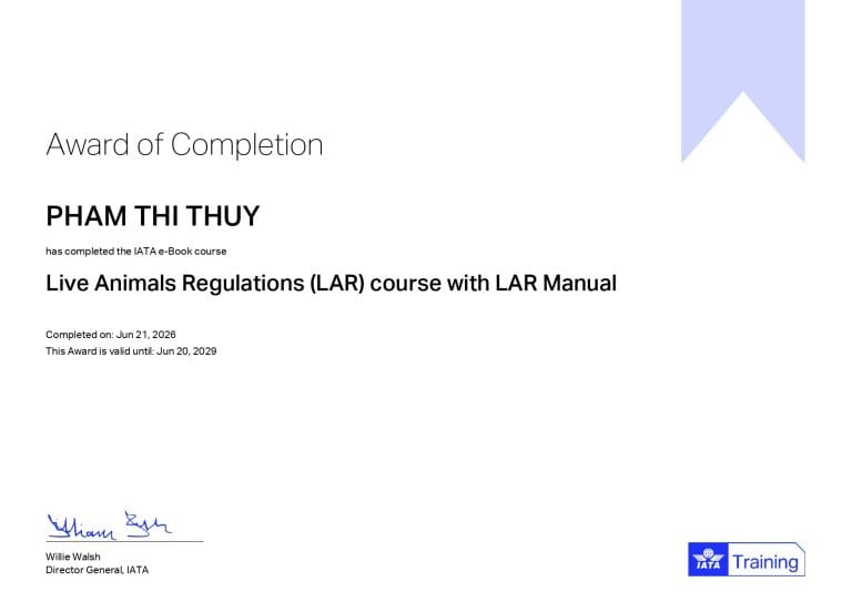 IATA Live Animals Regulations (LAR) course Award of Completion, valid until June 2029