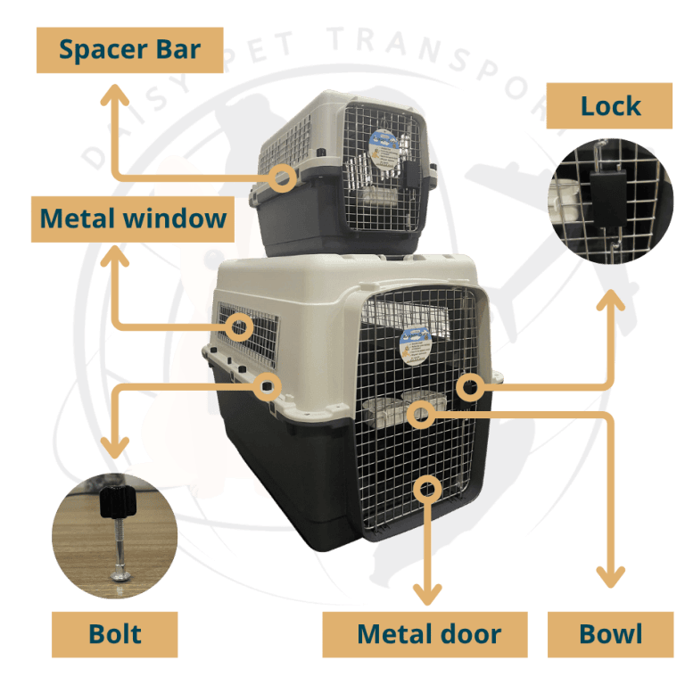 IATA pet travel crate with labelled parts: spacer bar, metal window, lock, bolt, metal door and bowl