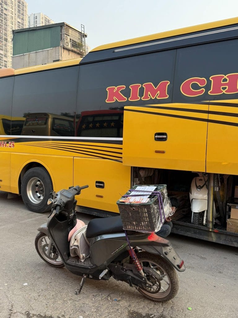 Thú cưng trong sọt nhựa quấn ni lông, cạnh hầm hàng đang mở của xe khách liên tỉnh