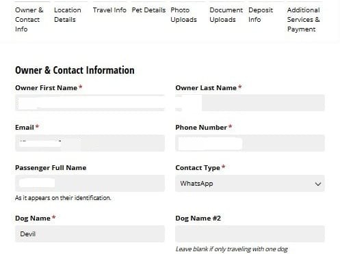 Rue's Kennels ACF reservation form - Owner and Contact Information step