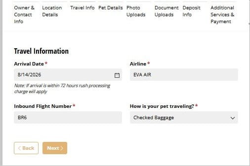 Rue's Kennels ACF reservation form - Travel Information step