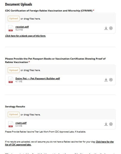 Rue's Kennels ACF reservation form - Document Uploads step, CFRVMR and vaccination records
