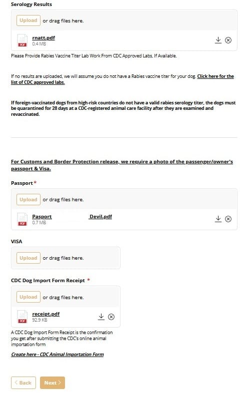 Rue's Kennels ACF reservation form - Document Uploads step, owner passport and CDC receipt