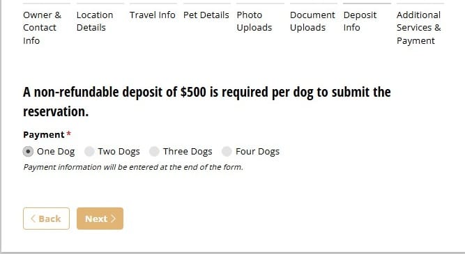 Rue's Kennels ACF reservation form - Deposit Info step, 500 dollar non-refundable deposit