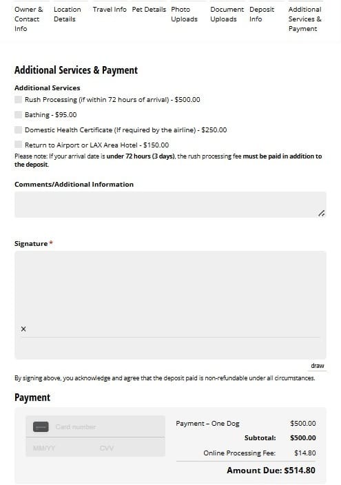 Rue's Kennels ACF reservation form - Additional Services and Payment step