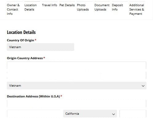 Rue's Kennels ACF reservation form - Location Details step