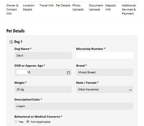 Rue's Kennels ACF reservation form - Pet Details step