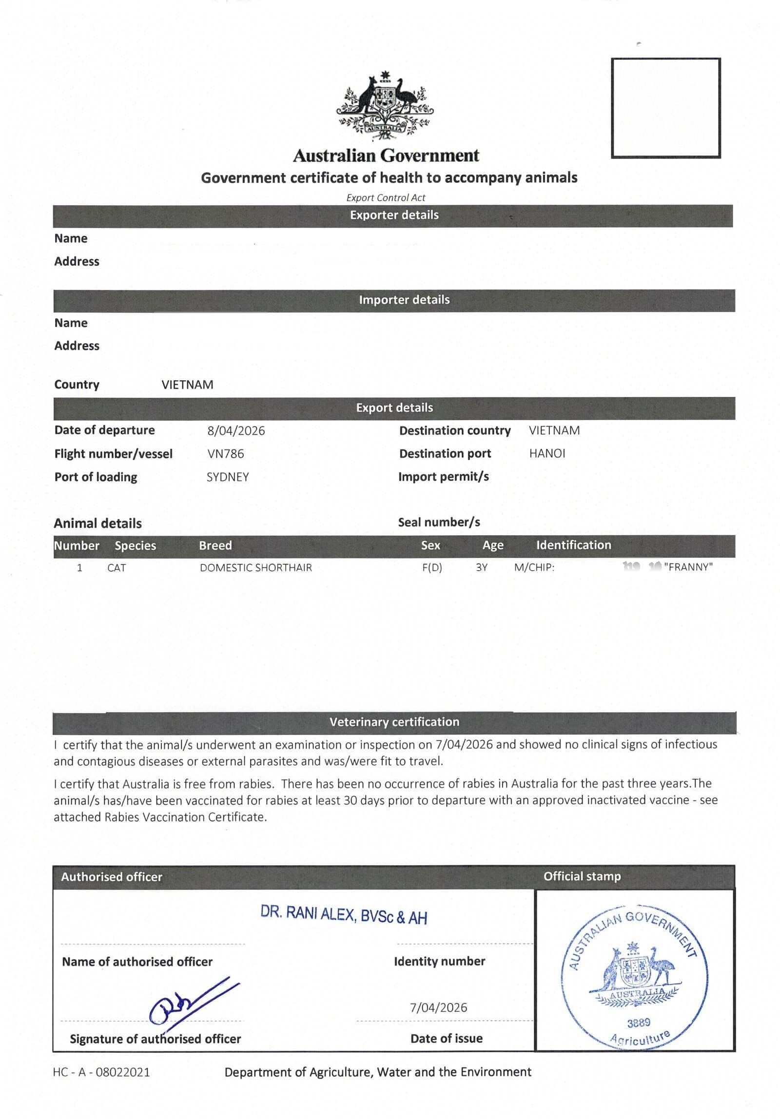 Australian Government export health certificate and export permit issued by DAFF for cat Franny travelling from Sydney to Hanoi