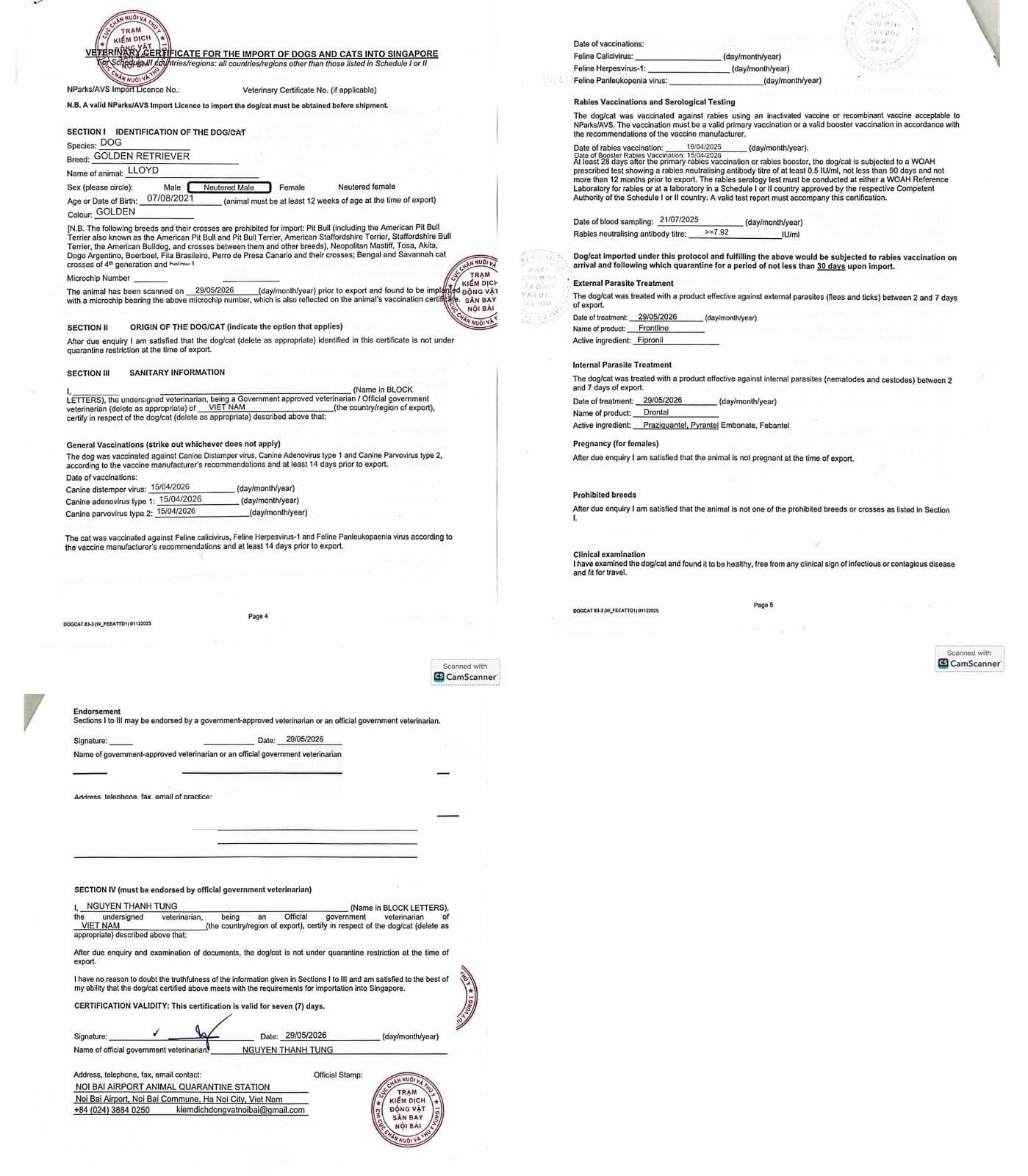AVS veterinary health certificate for dog import to Singapore