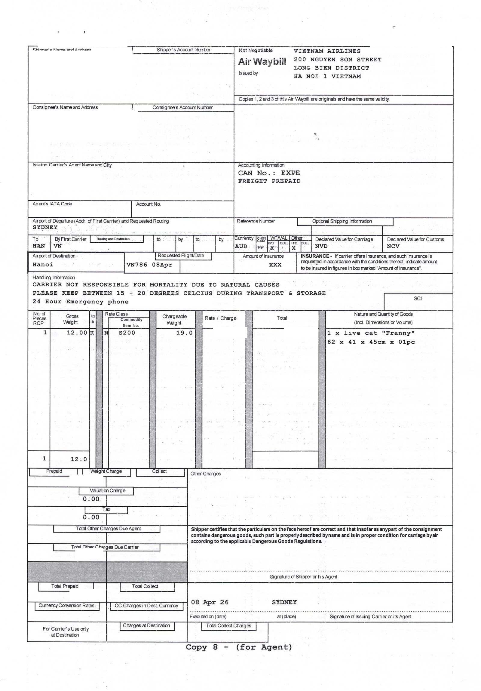 Official cargo airway bill (AWB) for Australia pet shipping