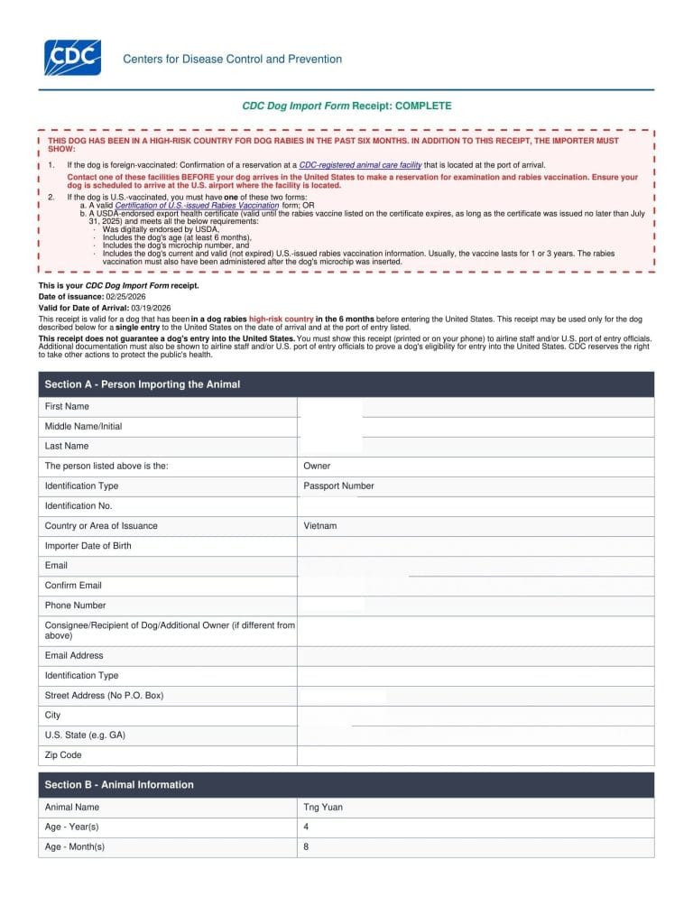 Cdc Dog Import Permit Receipt Usa