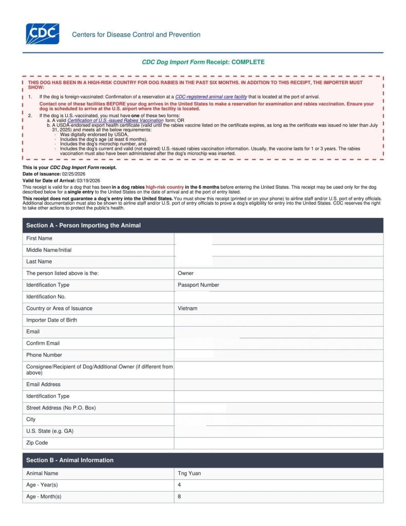 Cdc Dog Import Permit Receipt Usa