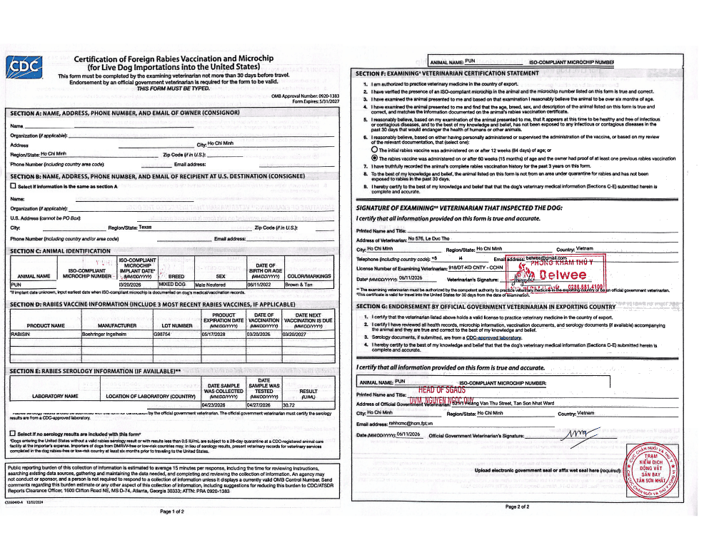 CFRVM Certification of Foreign Rabies Vaccination and Microchip form for Pun