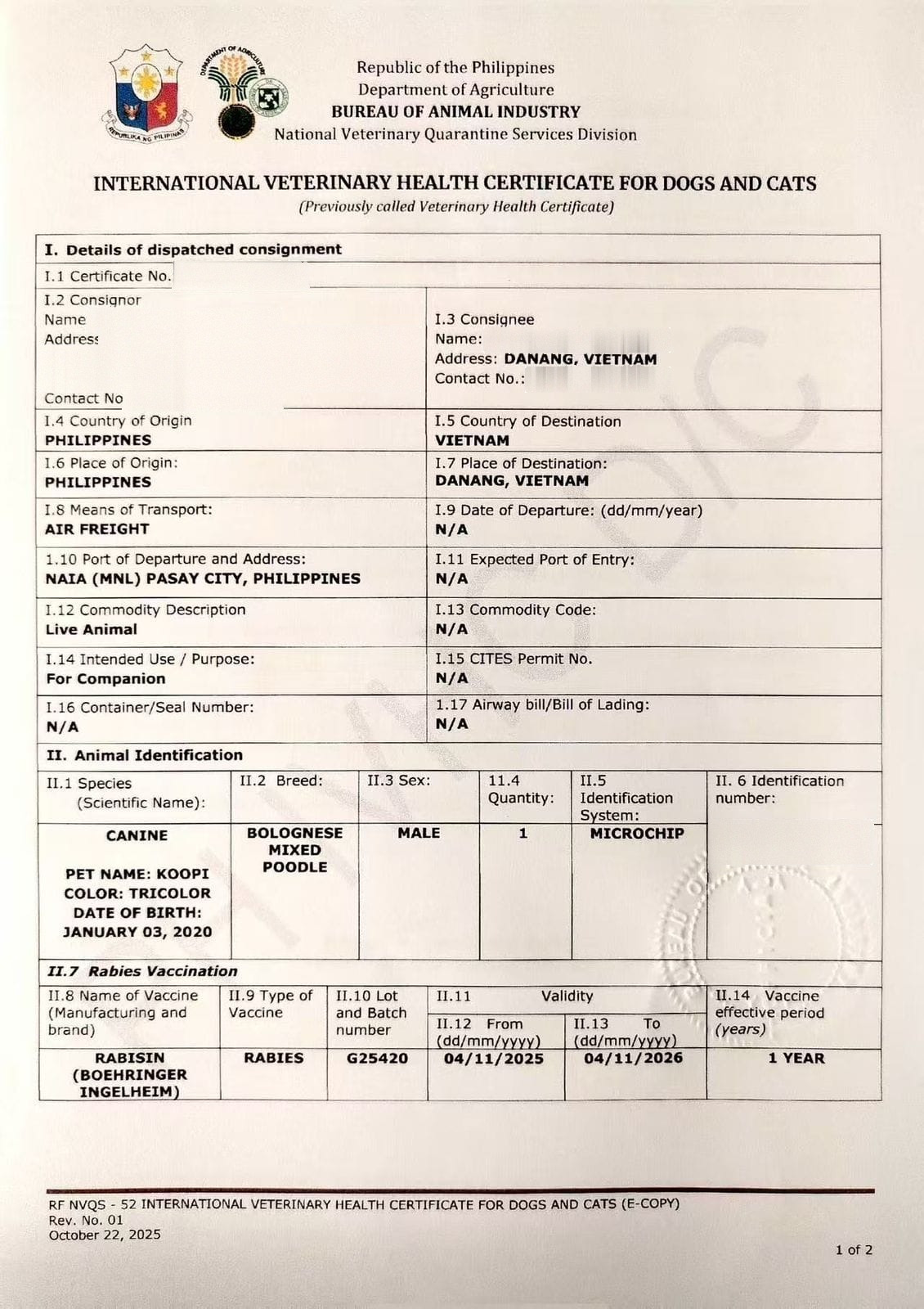 Philippines Export Health Certificate Page 1 — Technical Endorsement