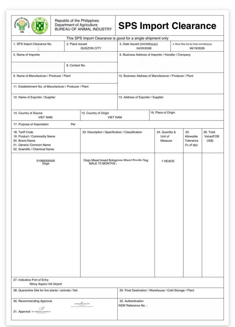 Daisy Pet Philippines Sps Import Permit