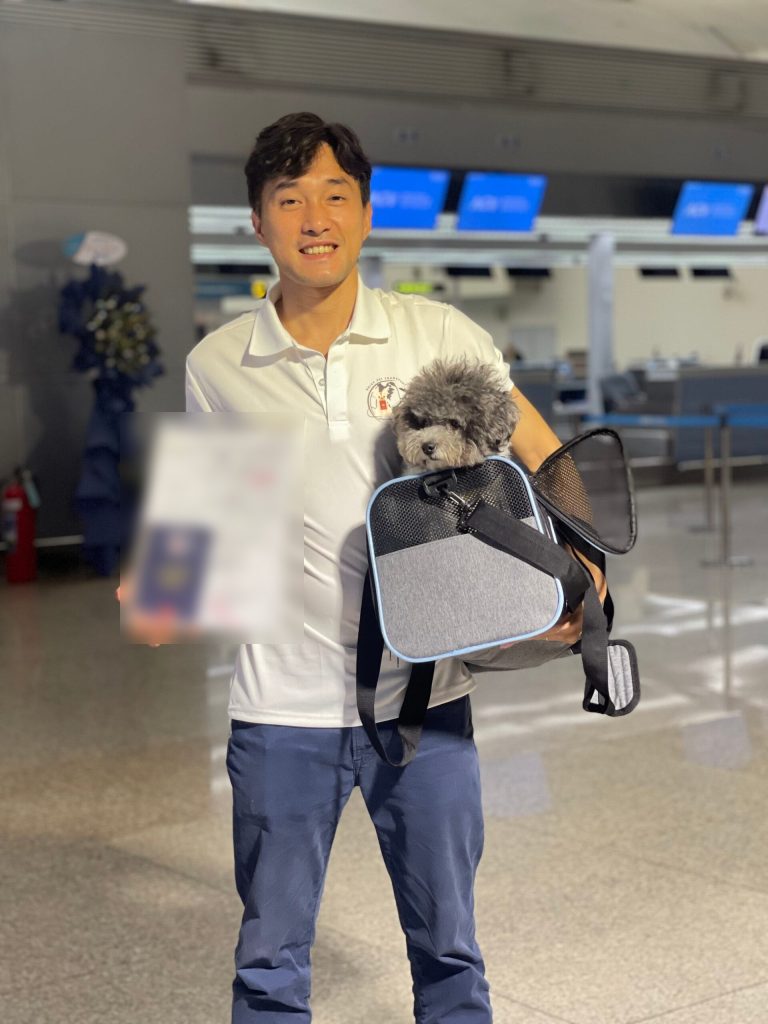 Daisy Pet staff member holding a small dog in a soft travel carrier at the airport check-in hall