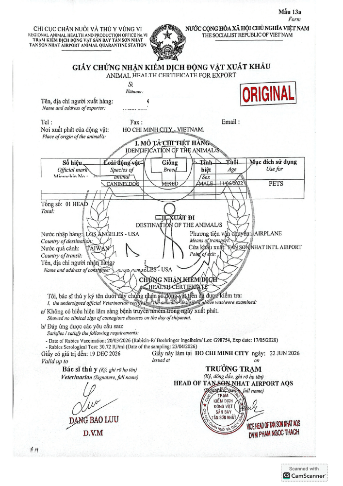 Vietnam export health certificate for Pun's travel to the USA