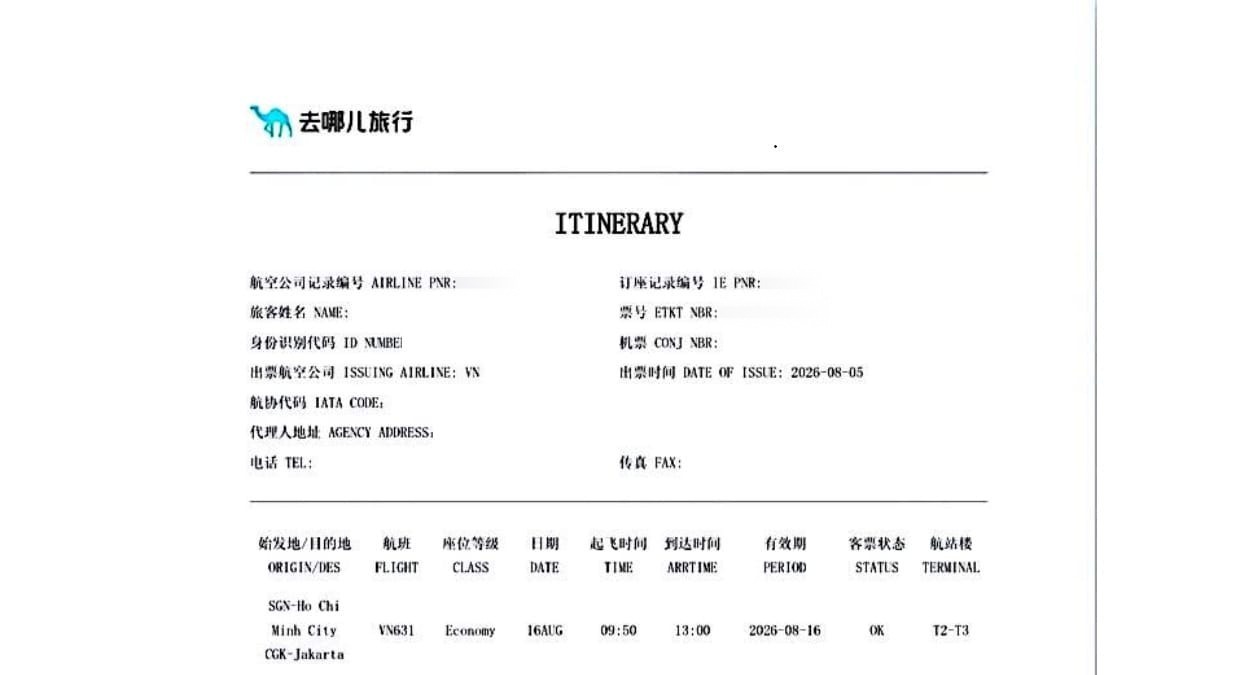 Vietnam Airlines flight itinerary for the Ho Chi Minh City to Jakarta route used for pet transport