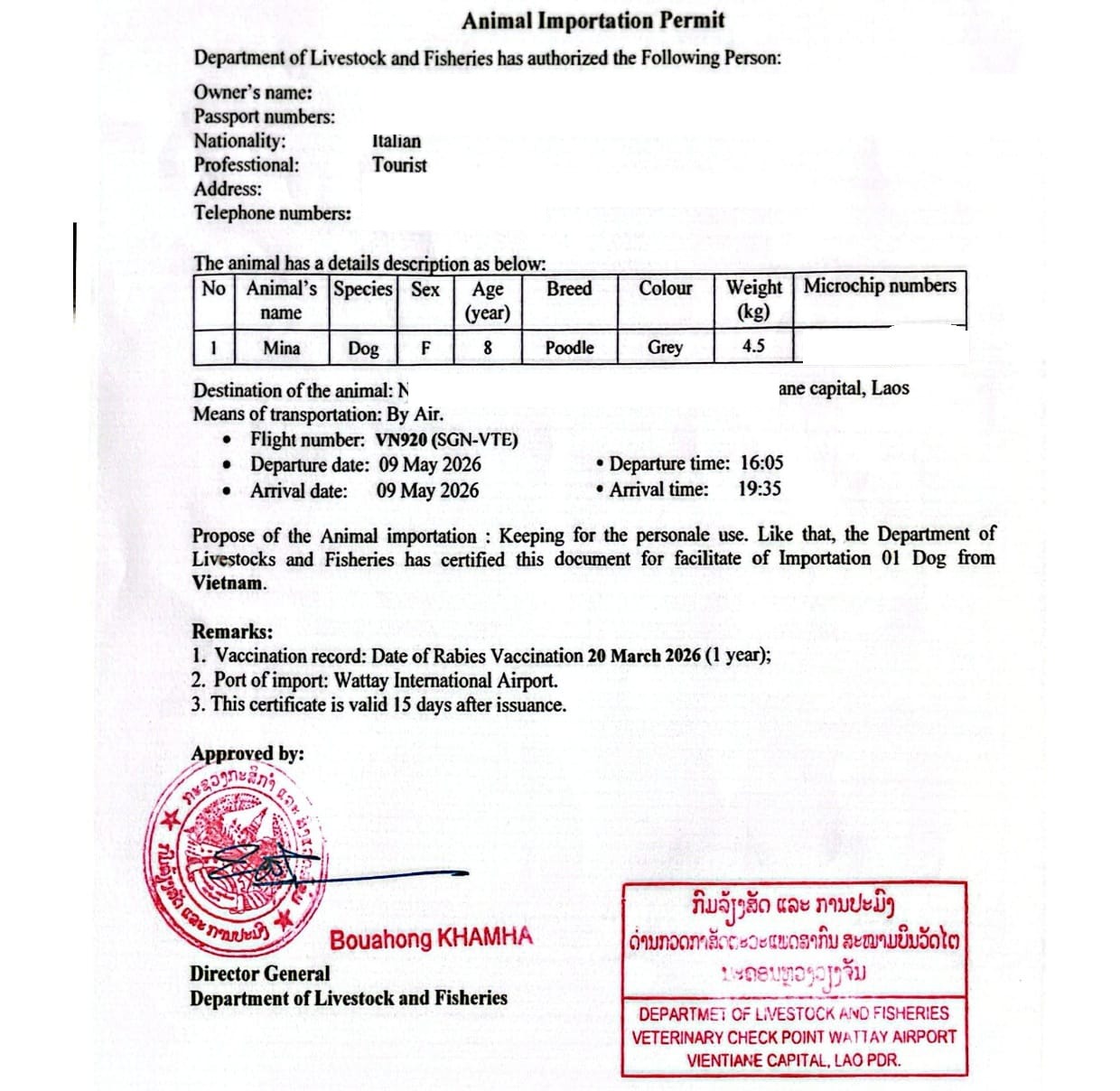 Giấy phép nhập khẩu thú cưng vào Lào do Cục Chăn nuôi và Thủy sản cấp cho một chú chó bay từ TP. Hồ Chí Minh đi Vientiane