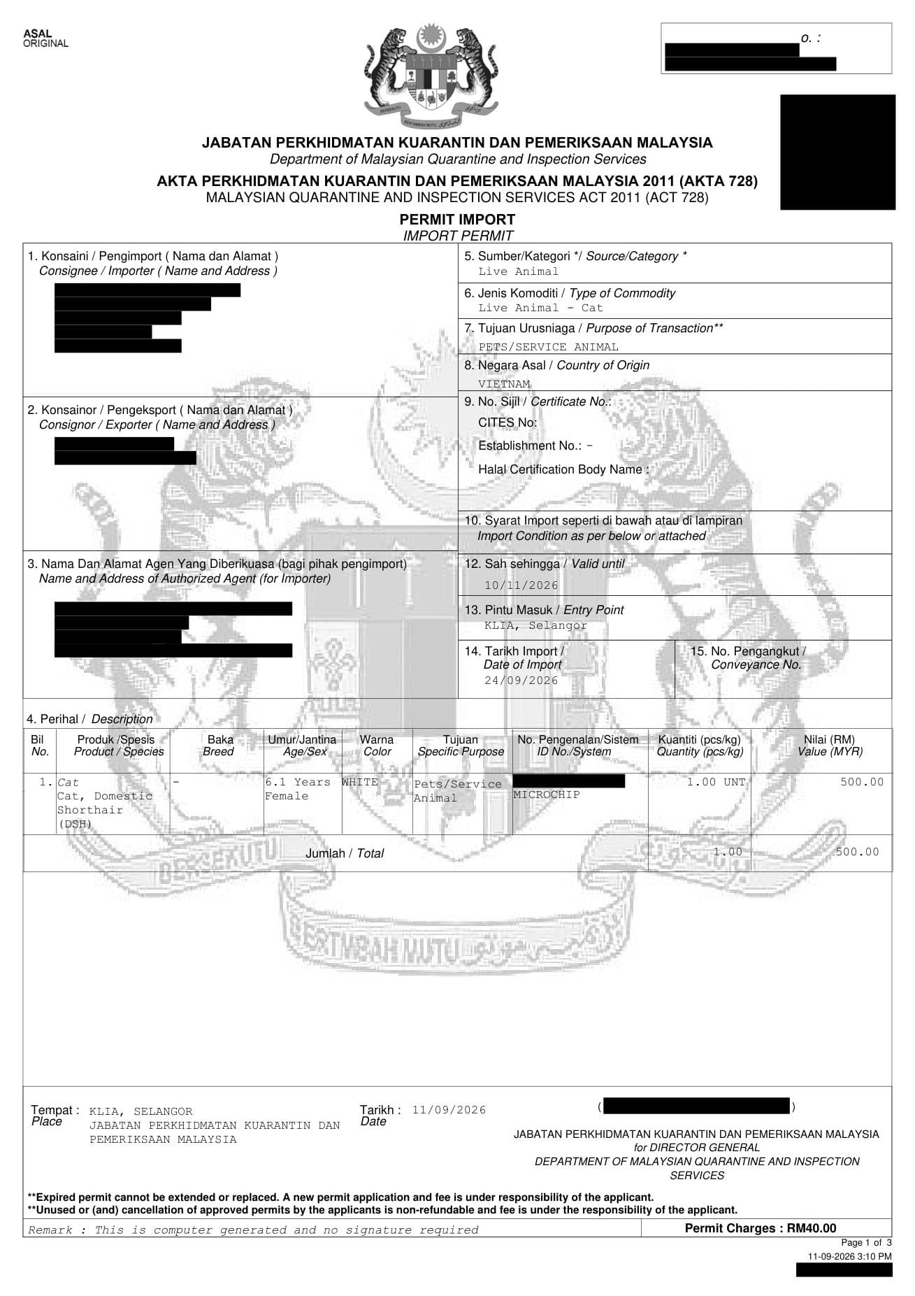 MAQIS import permit for a cat flown from Vietnam to Malaysia, personal details removed