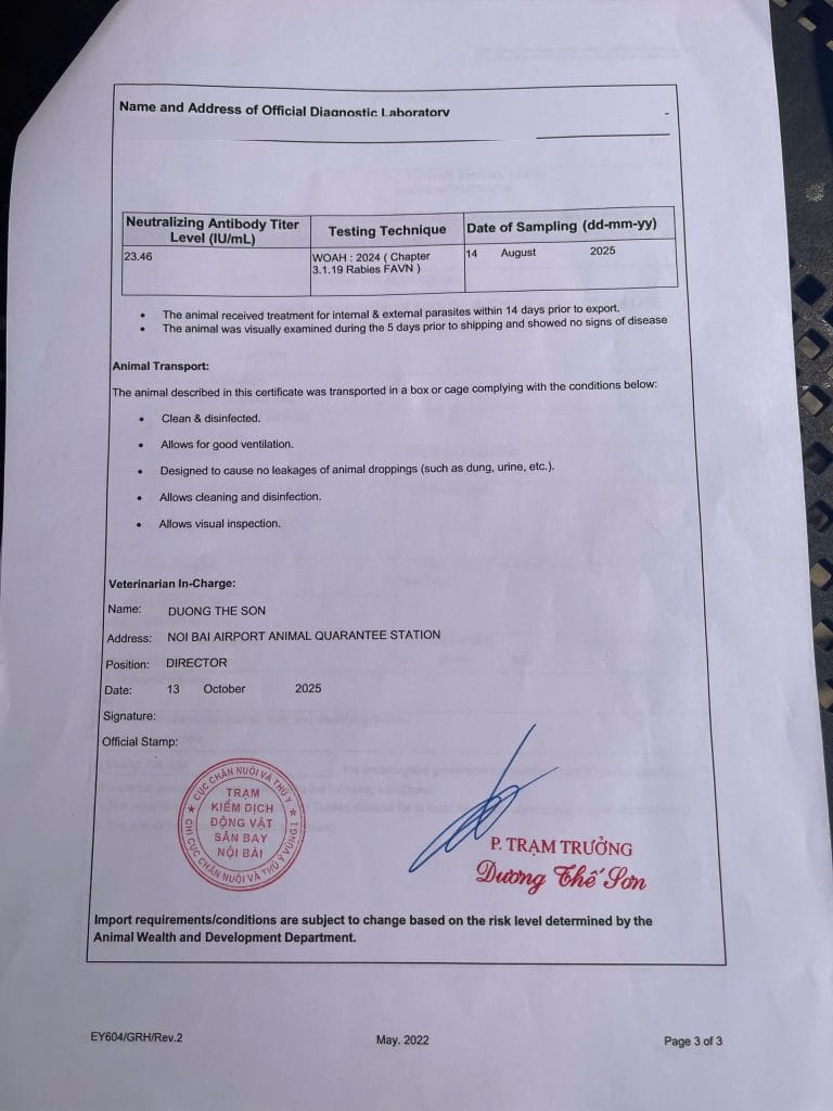 Phụ lục sức khỏe theo mẫu của nước đến, nộp kèm giấy kiểm dịch xuất khẩu