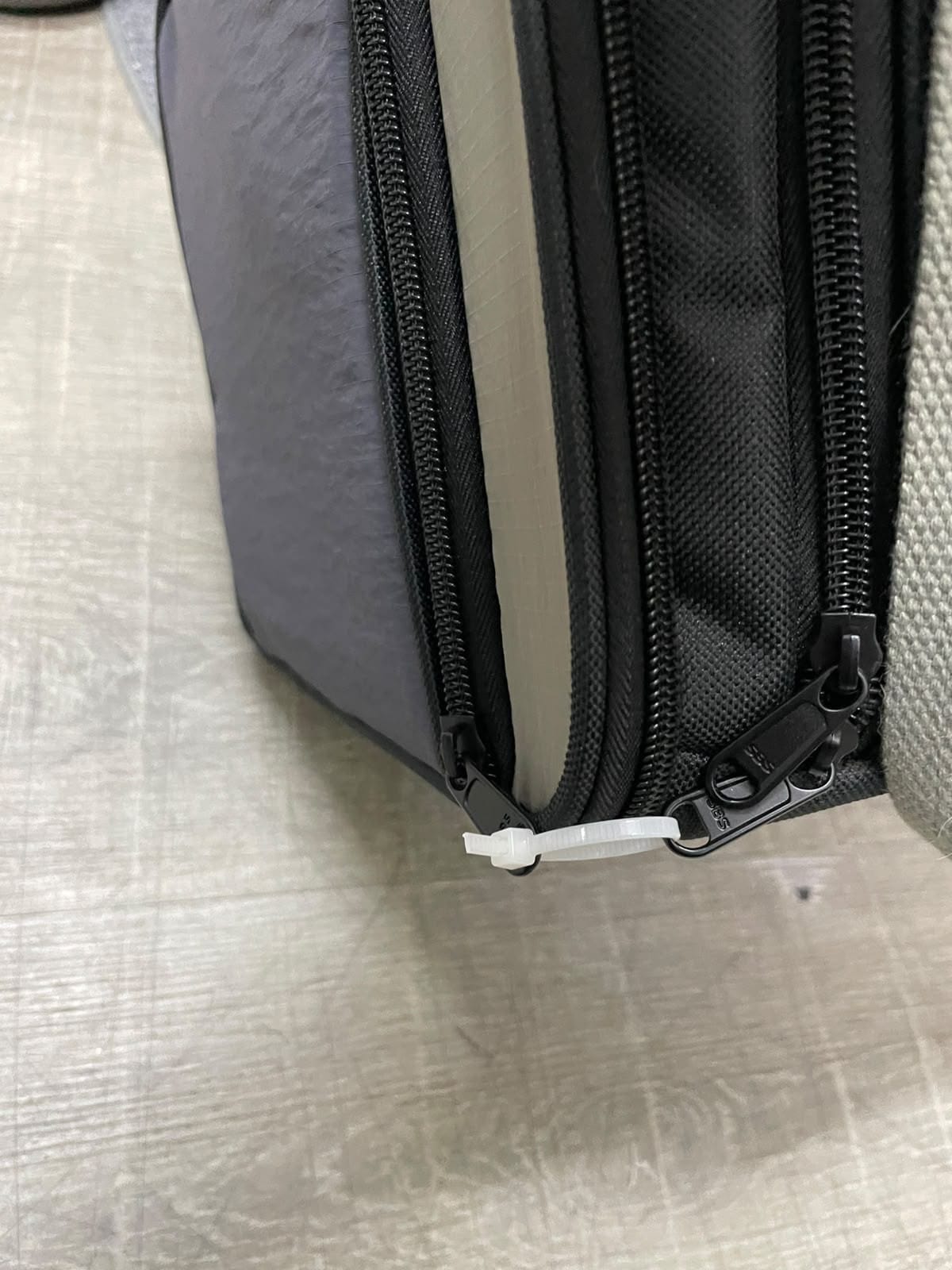 Cable tie fastened through the zip pulls of a soft pet carrier bag to keep the zipper closed during a flight