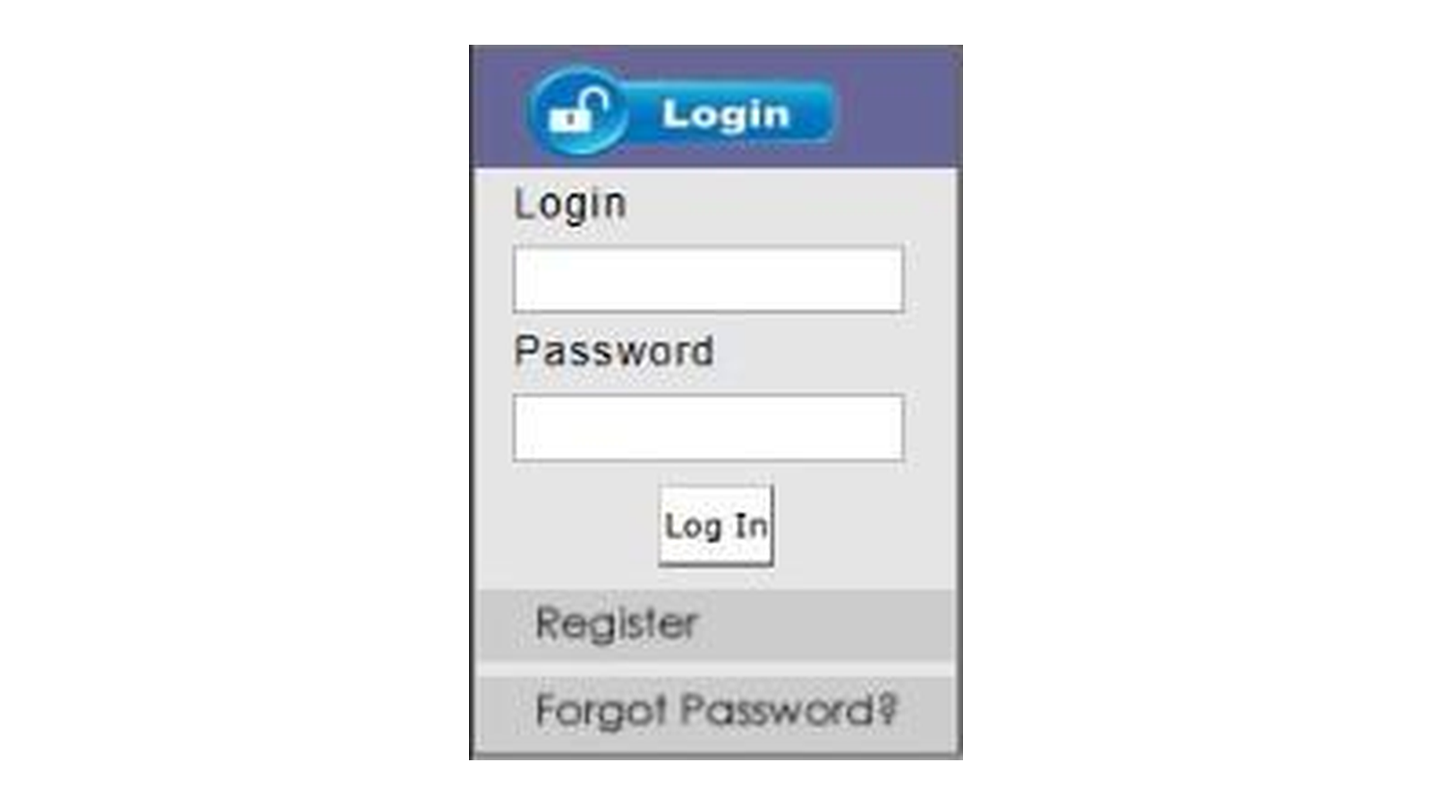 InterCommerce login box with Login, Password, Register and Forgot Password links