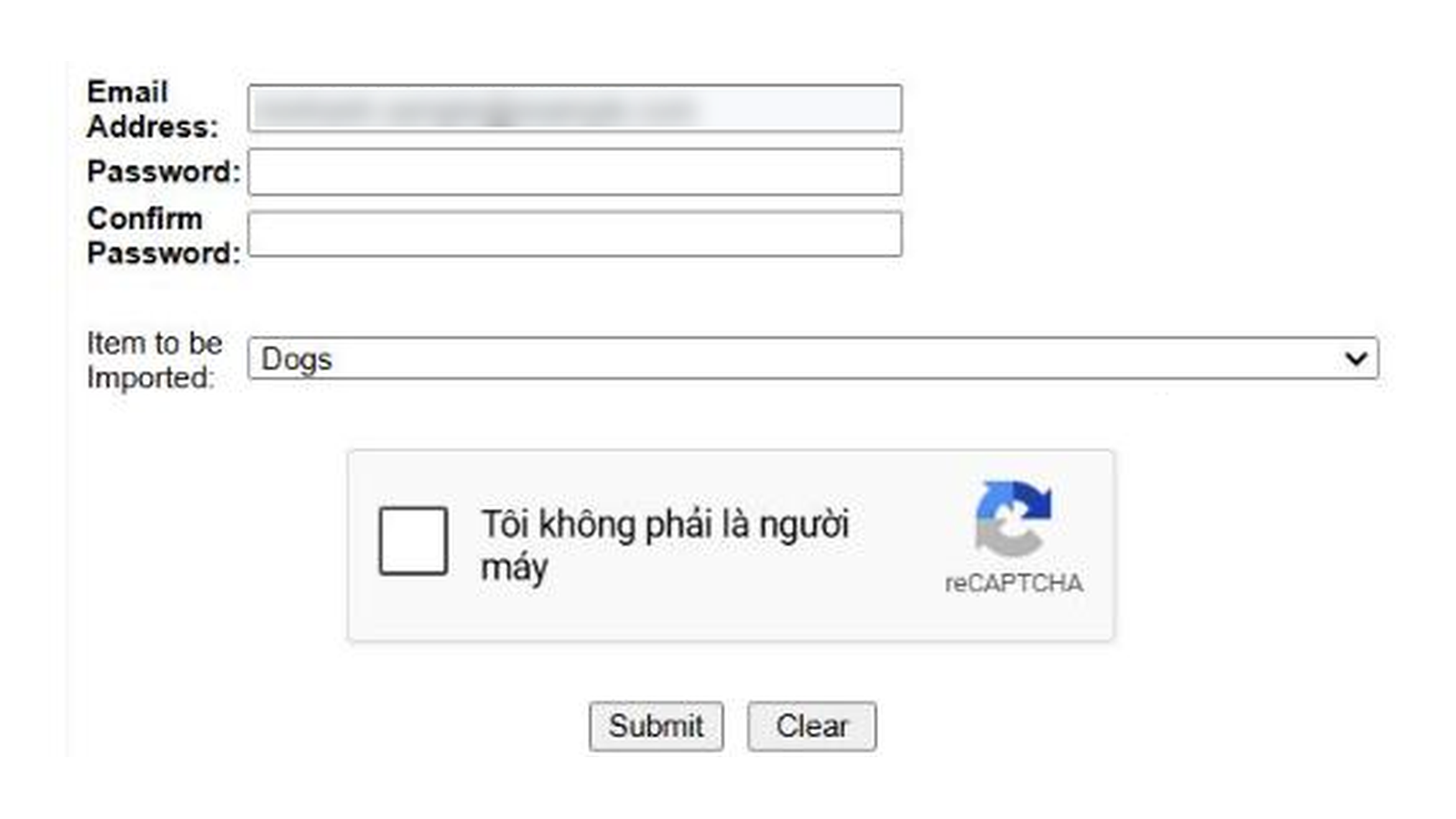 InterCommerce SPSIC registration: email address as user name, password, item to be imported and reCAPTCHA