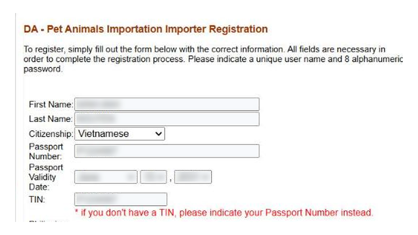 SPSIC application on InterCommerce: name, citizenship, passport and TIN fields of the registration form