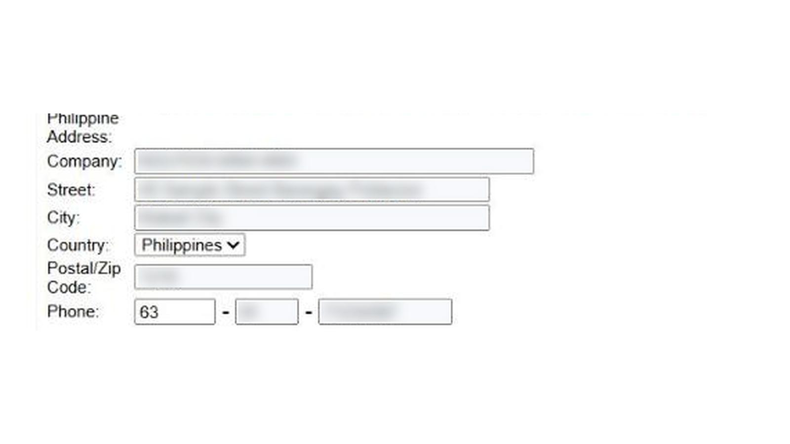 InterCommerce SPSIC registration: Philippine address and phone number split into three boxes