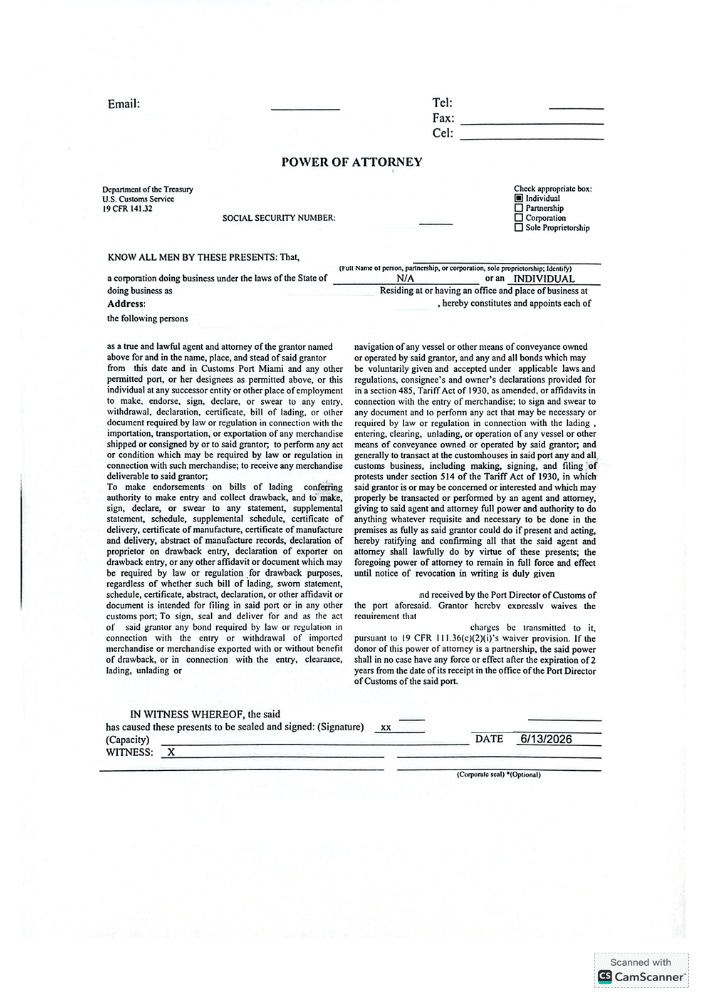 Power of attorney authorizing the ACF to handle customs clearance for Pun