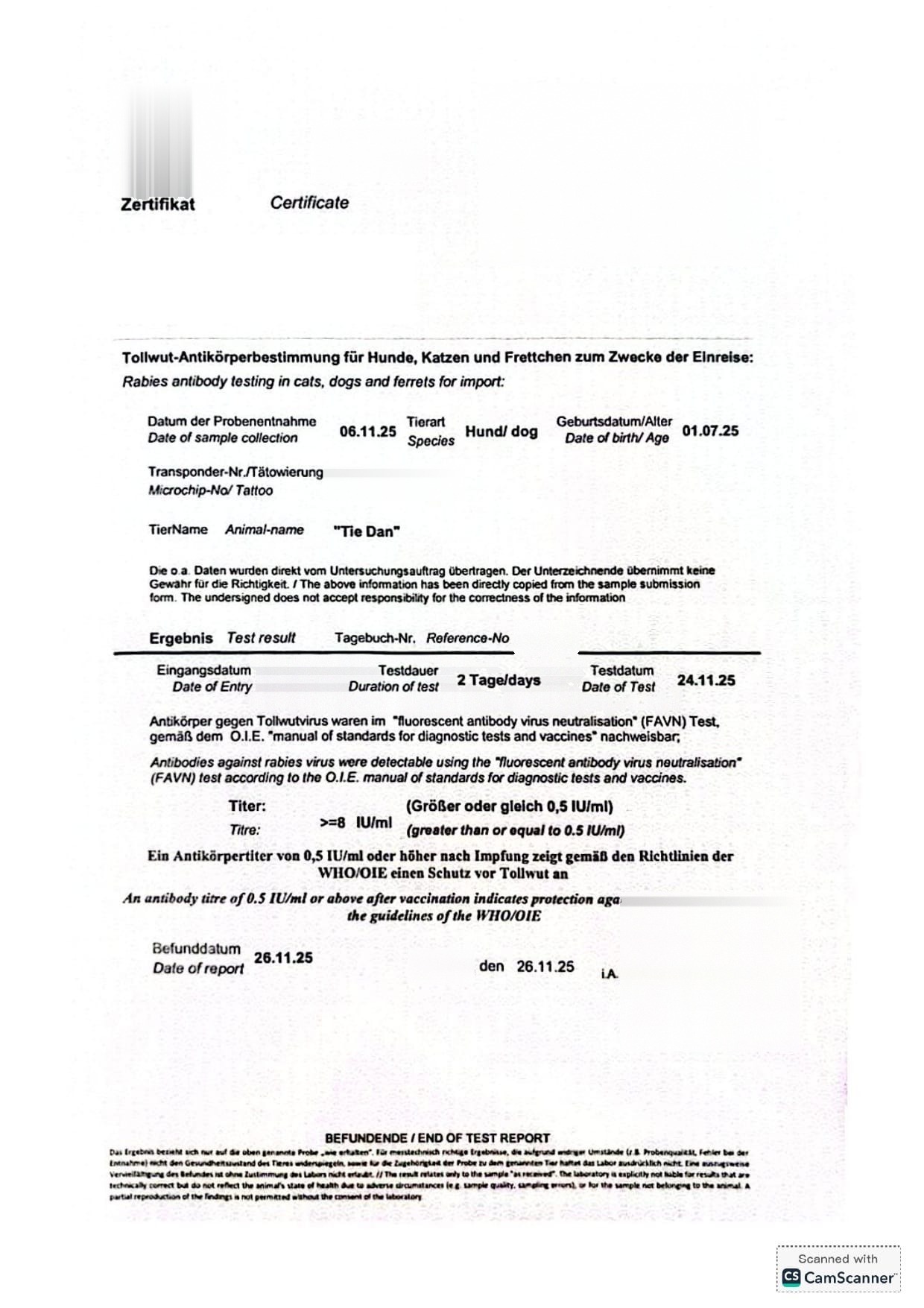 Rabies antibody titer test report uploaded with a Taiwan pet import permit application