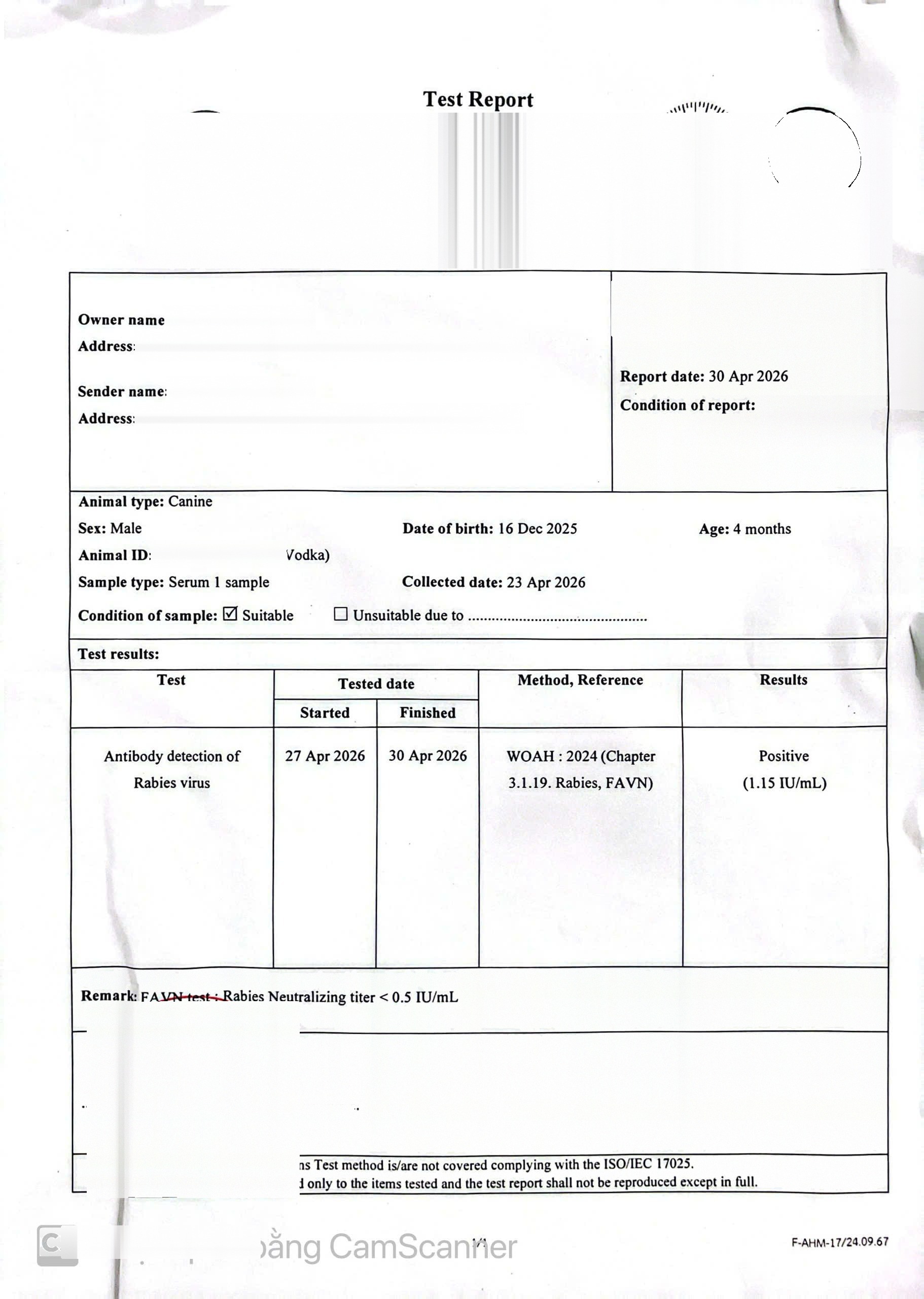 Rabies titer test result, the largest preparation cost for pet relocation to China