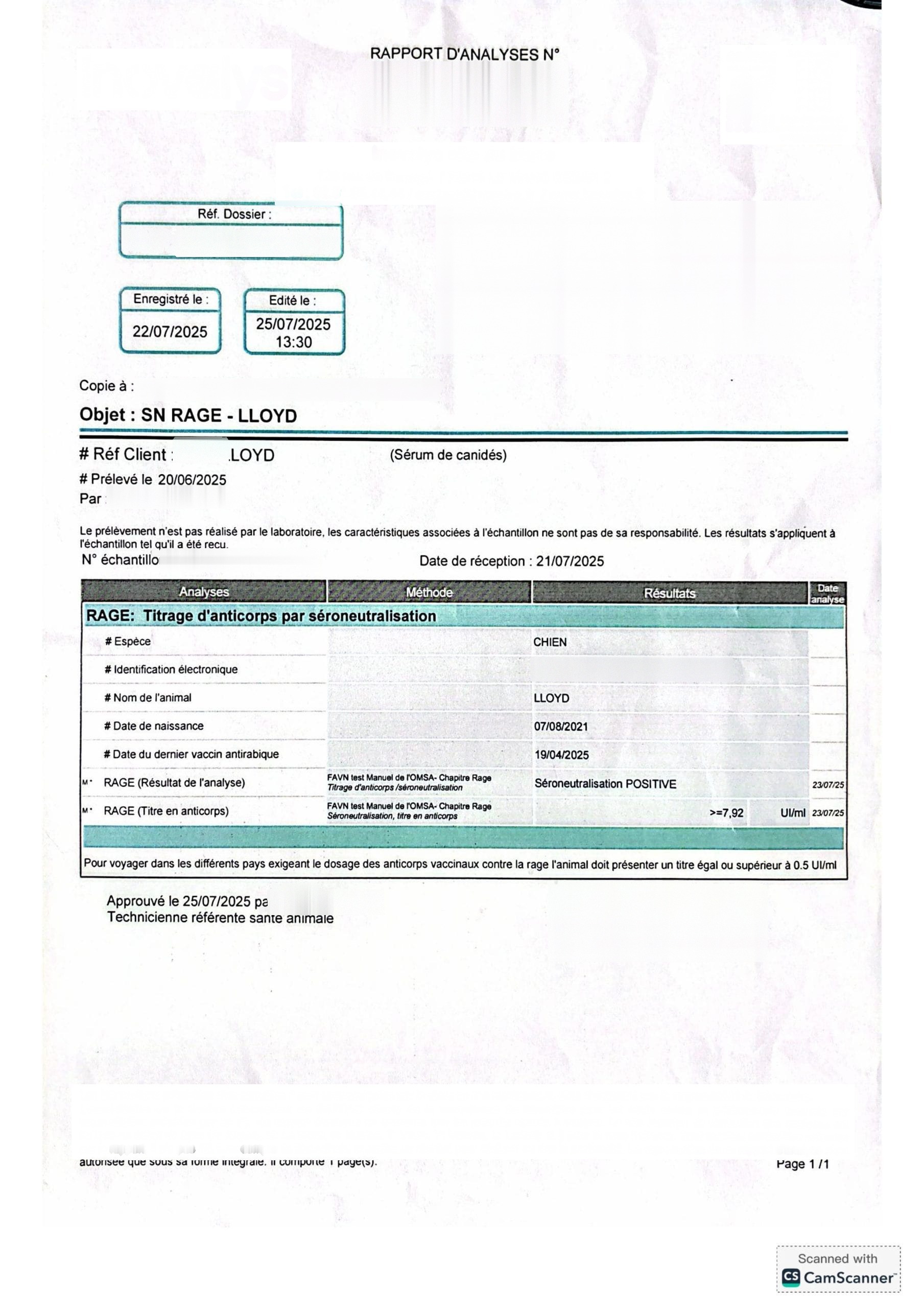 RNATT rabies antibody titer test result