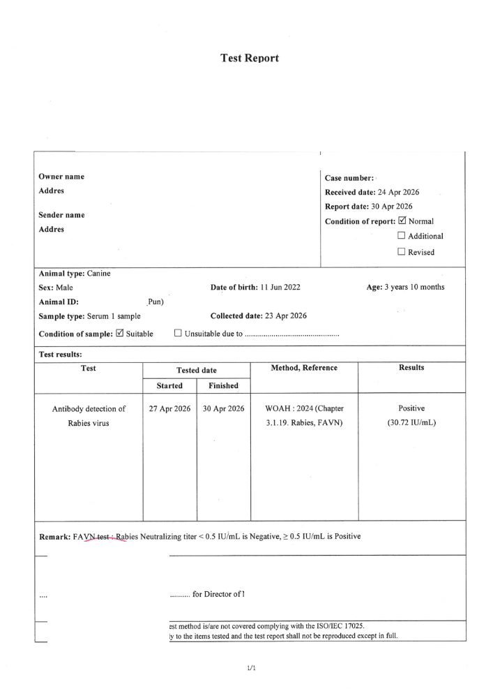 RNATT rabies antibody titer test result for Pun showing 30.72 IU/mL