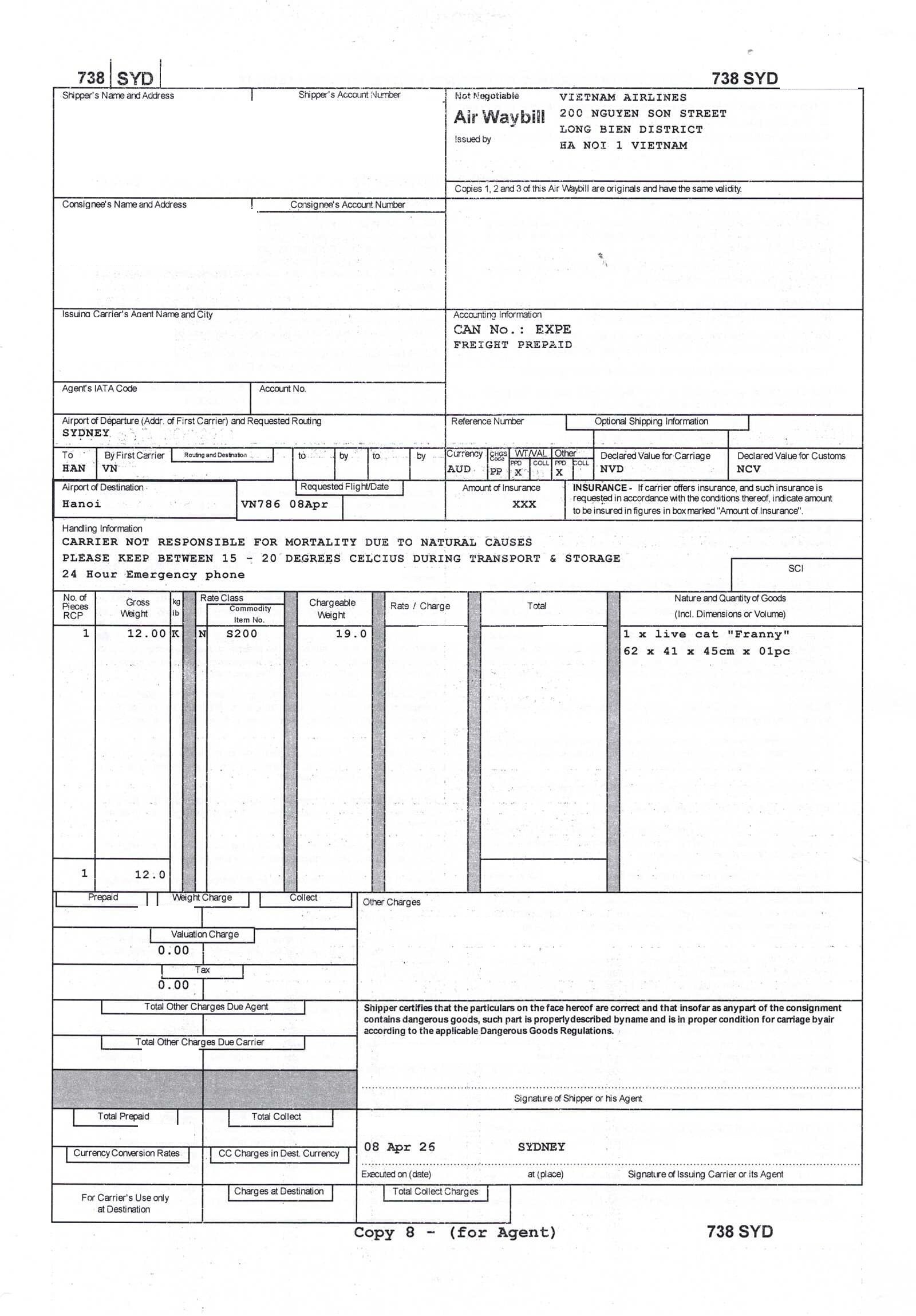 Vietnam Airlines air waybill for cargo flight VN786 carrying cat Franny from Sydney to Hanoi