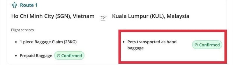 Vietnam Airlines booking showing pets transported as hand baggage confirmed