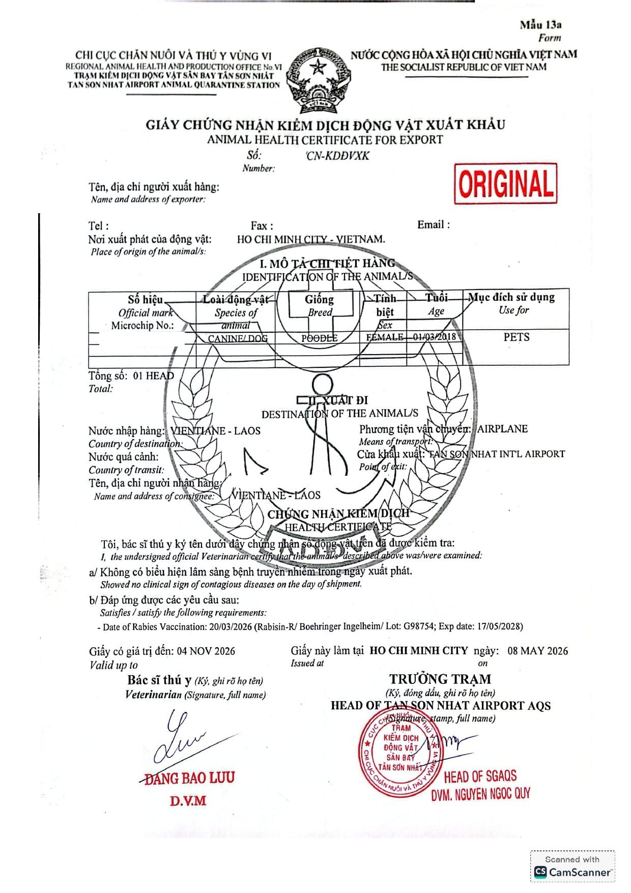 Vietnam animal health certificate for Mina's export to Vientiane, Laos, issued 8 May 2026