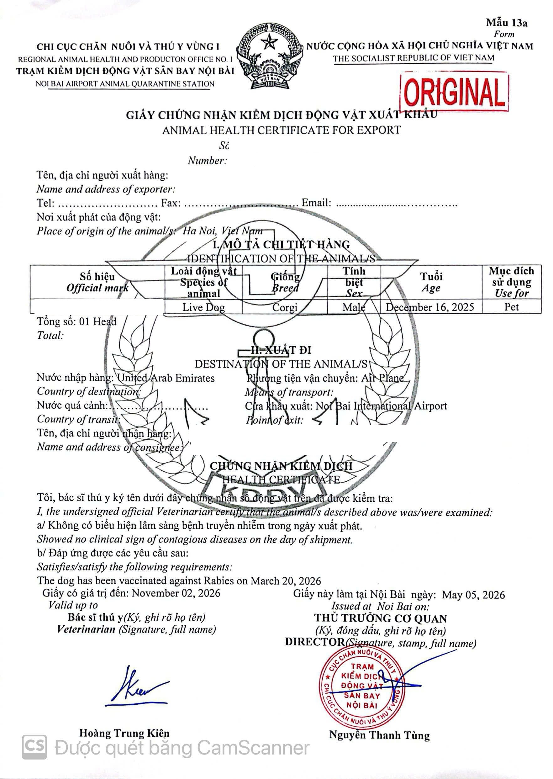 Vietnam export health certificate issued at the export check for a pet travelling to Brazil