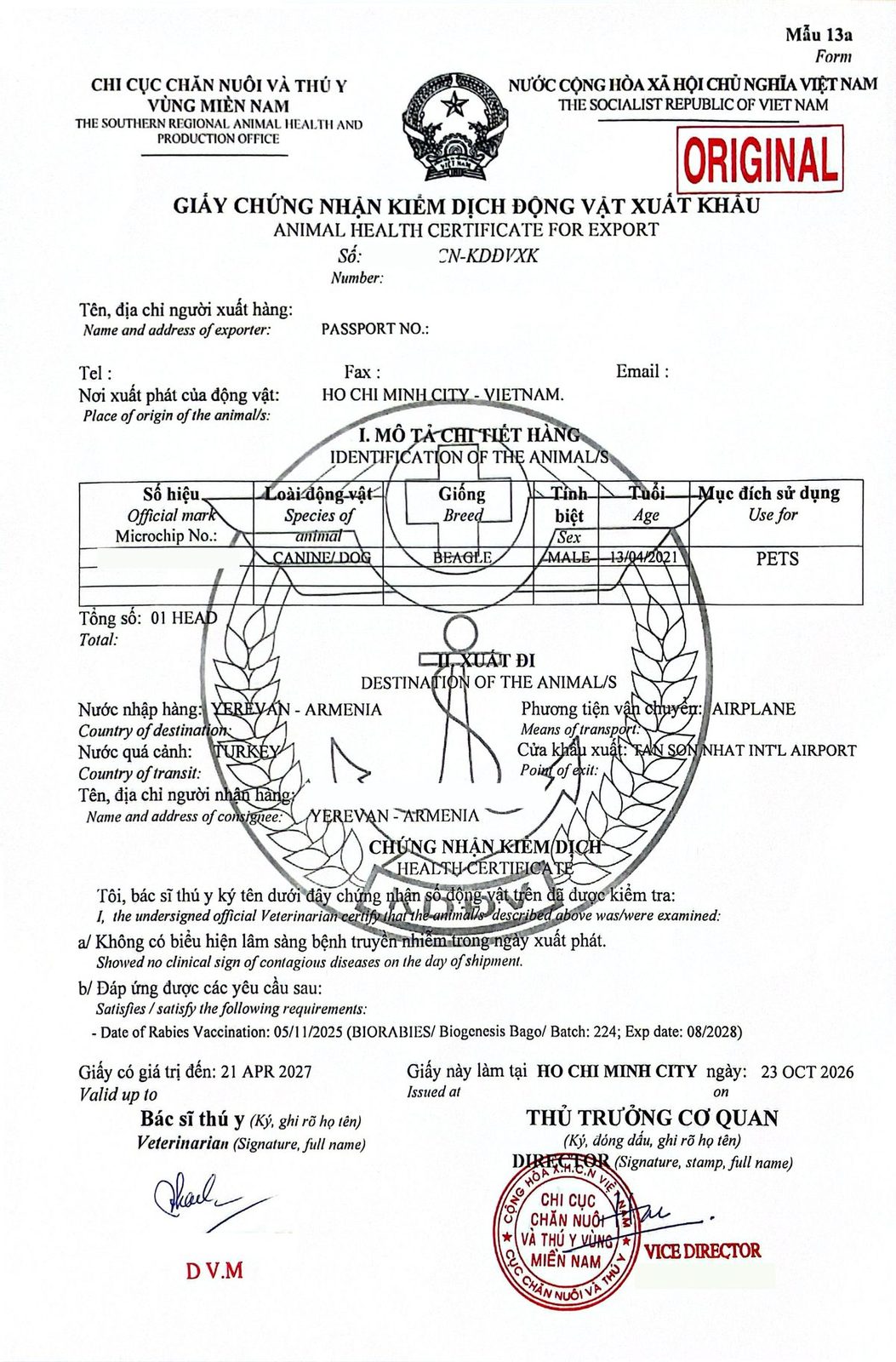 Vietnam export health certificate Form 13a for a Beagle travelling from Ho Chi Minh City to Yerevan, Armenia via Turkey, personal details removed